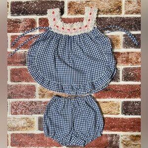 Vintage blue gingham open side apron top bloomer set 18m Red White Blue